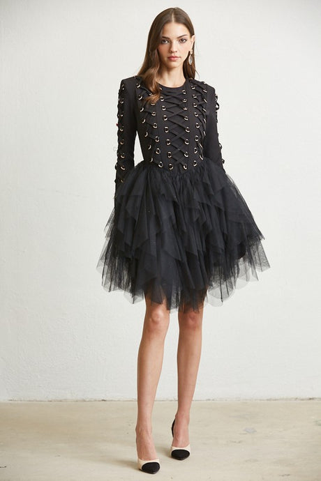 Black Lace Up Multi-Tiered Tulle Dress