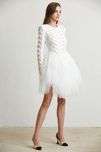 White Lace Up Multi-Tiered Tulle Dress