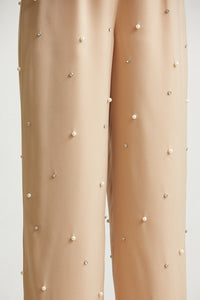 Nude Pearl Rhinestone Corset Satin Jumpsuit