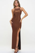 Bronze Glitter High Neck Long cut out long Dress