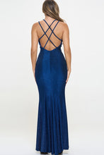 R-Blue Glitter High Neck Long cut out long Dress