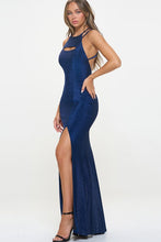 R-Blue Glitter High Neck Long cut out long Dress