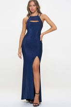 R-Blue Glitter High Neck Long cut out long Dress
