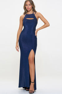 R-Blue Glitter High Neck Long cut out long Dress