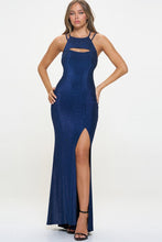R-Blue Glitter High Neck Long cut out long Dress
