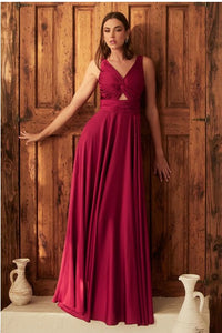 Burgundy A-Line Satin Keyhole Dress