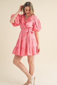 Candy Pink Ruffled Surplice Tiered Mini Dress