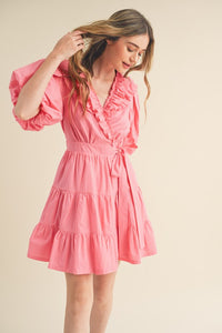 Candy Pink Ruffled Surplice Tiered Mini Dress