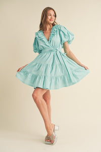 Aqua Blue Ruffled Surplice Tiered Mini Dress