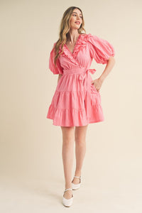 Candy Pink Ruffled Surplice Tiered Mini Dress
