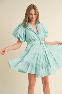 Aqua Blue Ruffled Surplice Tiered Mini Dress