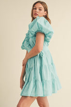 Aqua Blue Ruffled Surplice Tiered Mini Dress