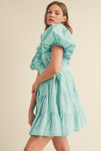 Aqua Blue Ruffled Surplice Tiered Mini Dress