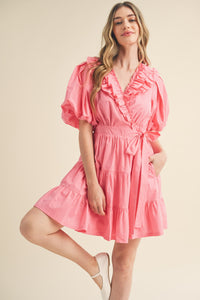 Candy Pink Ruffled Surplice Tiered Mini Dress