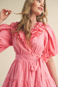 Candy Pink Ruffled Surplice Tiered Mini Dress