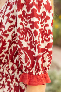 Burgundy Contrast Color Ruffle Detailed Print Midi Dress