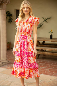 Orange Floral Mix Match Smocked Midi Dress