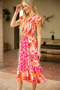 Orange Floral Mix Match Smocked Midi Dress