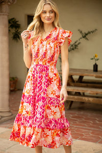 Orange Floral Mix Match Smocked Midi Dress