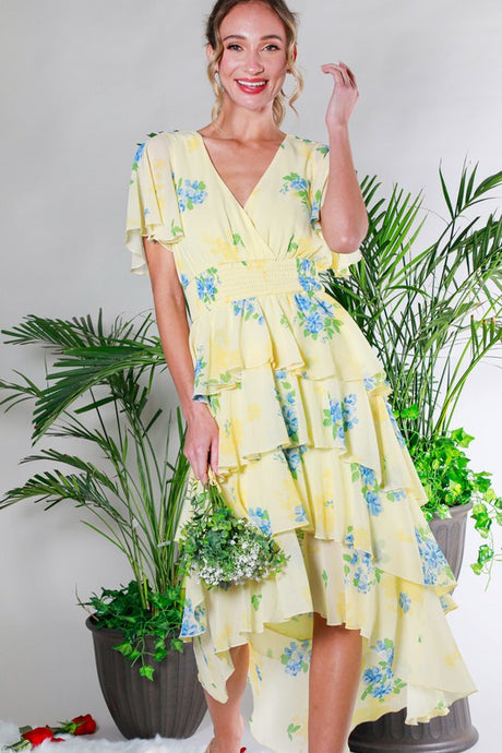 Yellow Layered Floral Printed Midi Dress