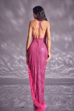 Fuchsia Sequin Maxi Dress with Fur Trim