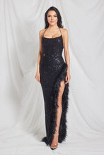 Black Sequin Maxi Dress with Fur Trim