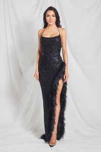 Black Sequin Maxi Dress with Fur Trim Aquarius Brand Black Sequin Maxi Dress with Fur Trim Aquarius Brand
