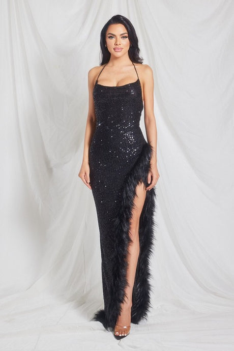 Black Sequin Maxi Dress with Fur Trim
