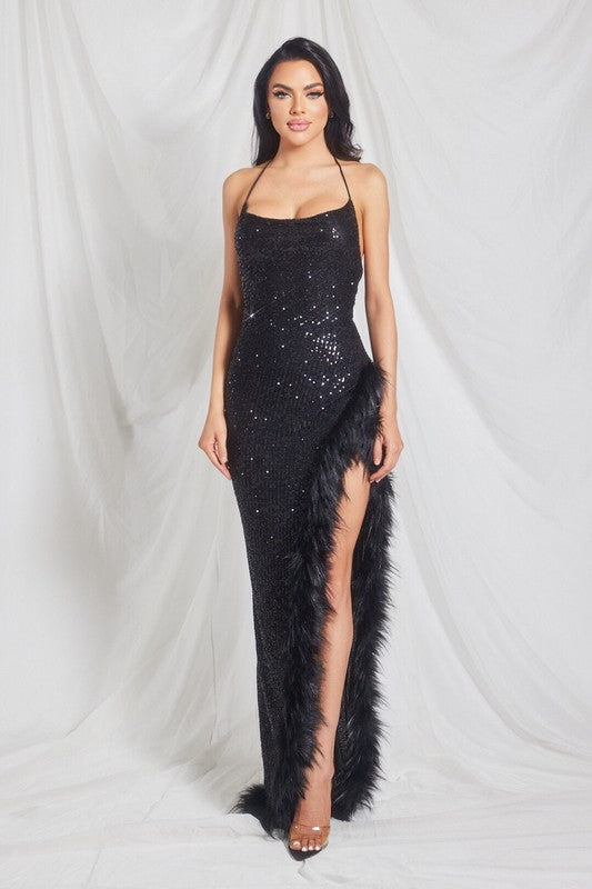 Black Sequin Maxi Dress with Fur Trim