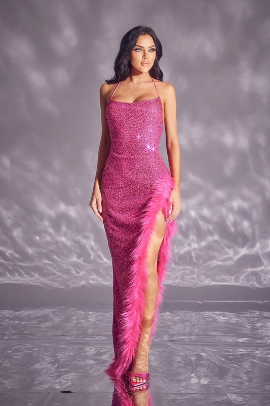 Fuchsia Sequin Maxi Dress with Fur Trim
