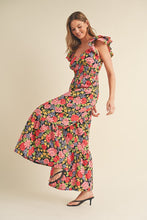Black Multi Floral Flared Ruffle Hem Floral Jumpsuit