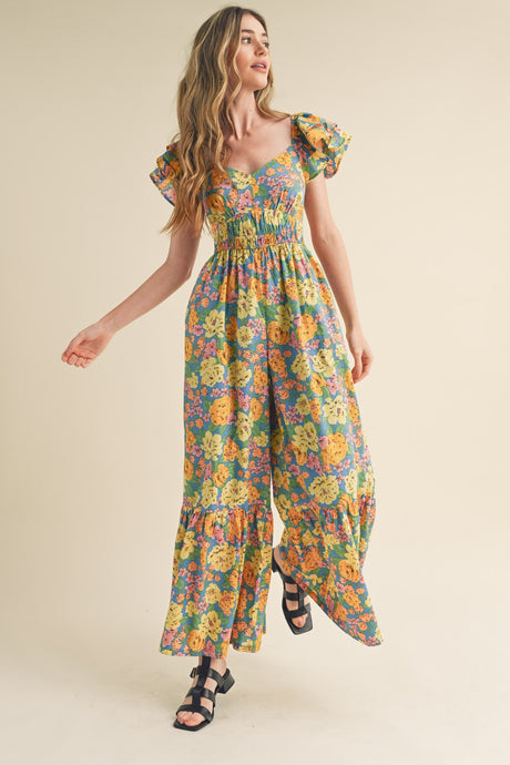 Blue Multi Floral Flared Ruffle Hem Floral Jumpsuit
