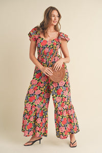 Black Multi Floral Flared Ruffle Hem Floral Jumpsuit