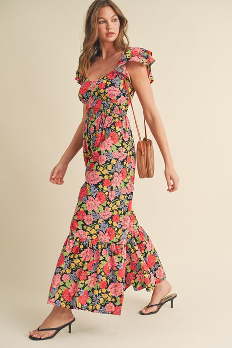 Black Multi Floral Flared Ruffle Hem Floral Jumpsuit
