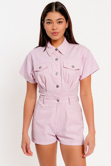 Pink-White Stripe Short Sleeve Denim Romper