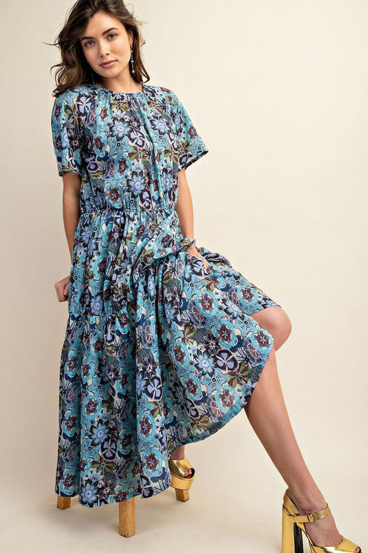 Blue Floral Print Cotton Maxi Dress