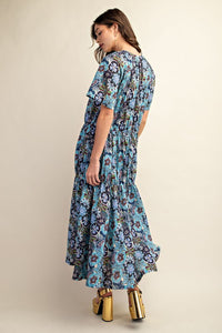 Blue Floral Print Cotton Maxi Dress