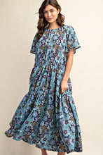 Blue Floral Print Cotton Maxi Dress