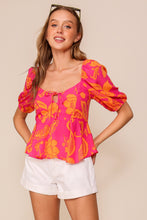 Hot Pink Vibrant Floral Print Puff Sleeve Top
