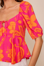 Hot Pink Vibrant Floral Print Puff Sleeve Top