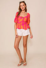Hot Pink Vibrant Floral Print Puff Sleeve Top