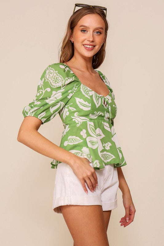 Kiwi Vibrant Floral Print Puff Sleeve Top