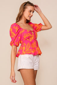 Hot Pink Vibrant Floral Print Puff Sleeve Top