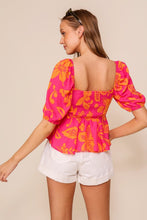 Hot Pink Vibrant Floral Print Puff Sleeve Top