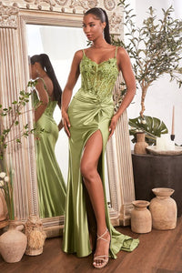 Greenery Fitted Satin Gown With Embellished Bodice