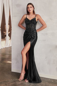 Black Fitted Satin Gown With Embellished Bodice