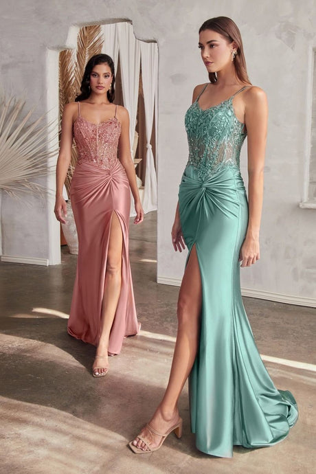 Robin Blue Fitted Satin Gown With Embellished Bodice