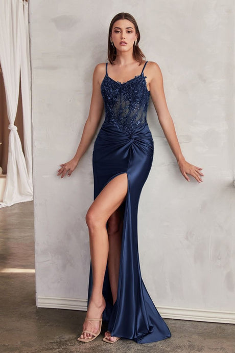 Navy Fitted Satin Gown With Embellished Bodice