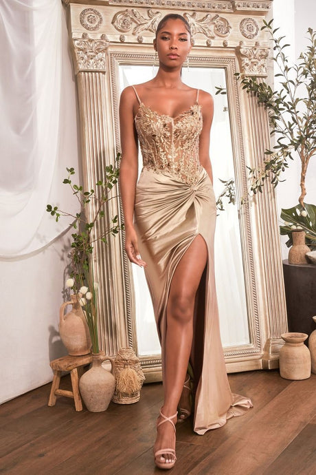 Champagne Gold Fitted Satin Gown With Embellished Bodice