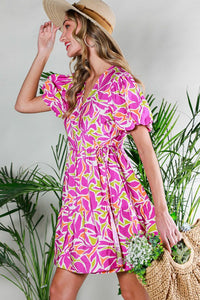 Magenta Multi Bubble Short Sleeve Printed Wrap Mini Dress